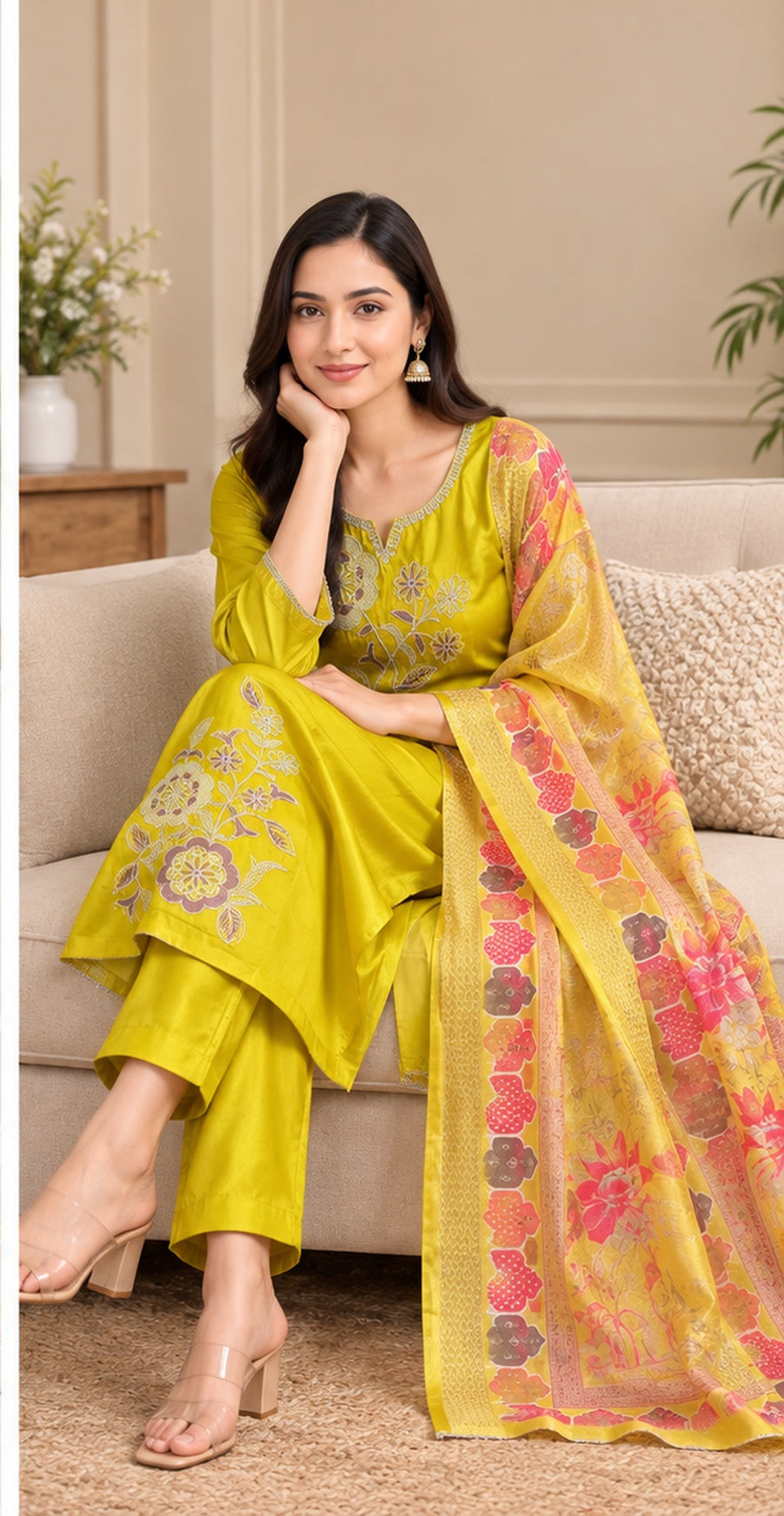 Women Yellow Floral Embroidered Kurta & Pant Set with Matching Dupatta