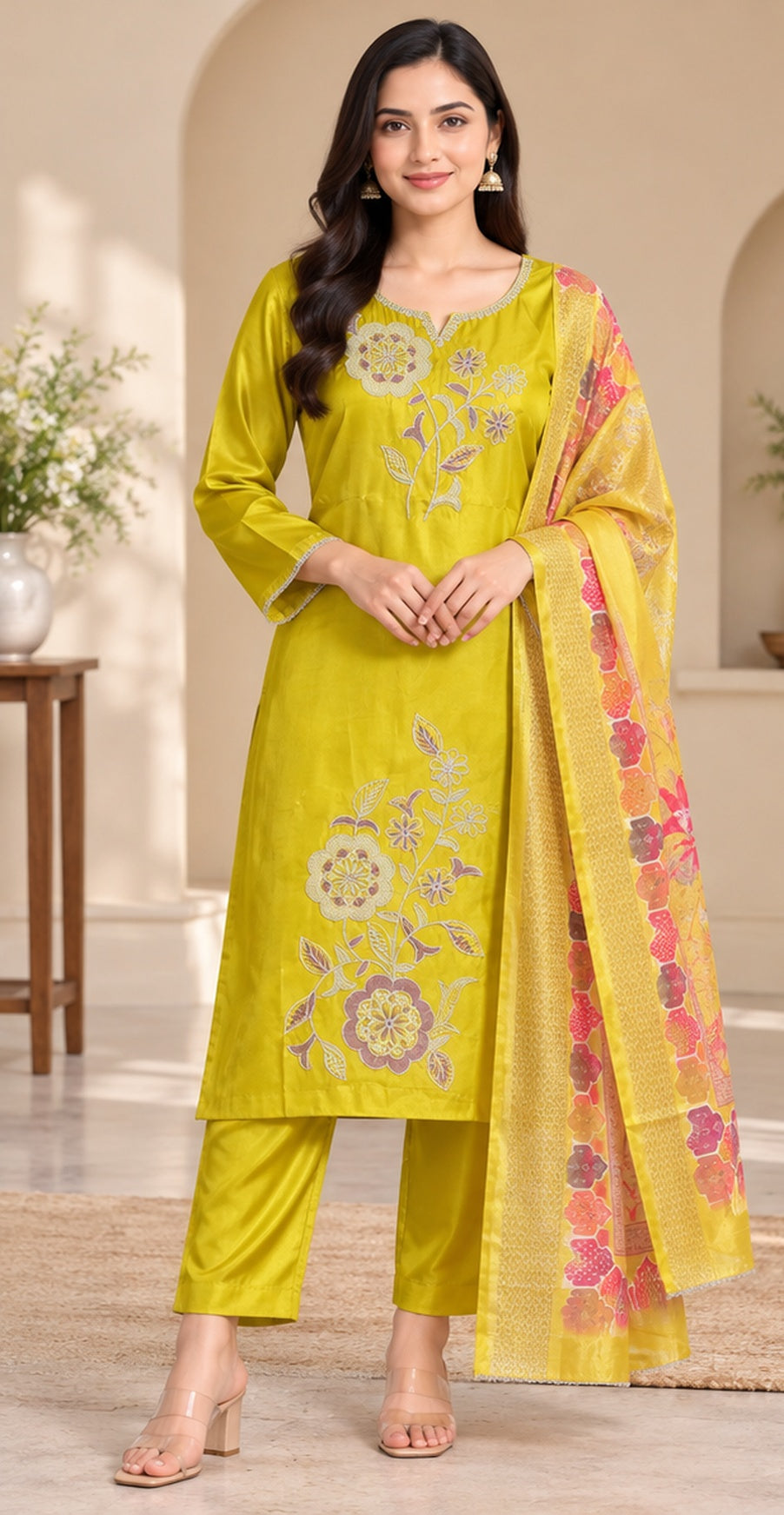 Women Yellow Floral Embroidered Kurta & Pant Set with Matching Dupatta
